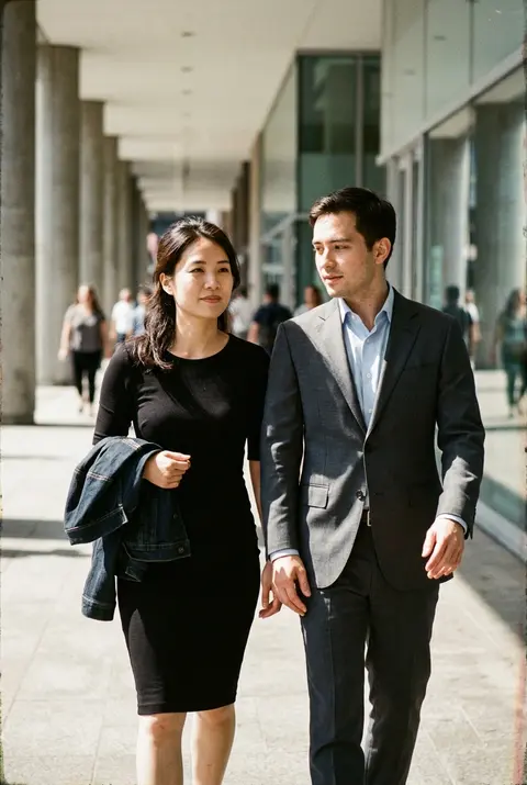 A cinematic candid medium shot portrait of a man and a woman walking side by sid - AI生成图片 2