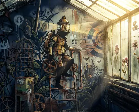 A graffiti street mural inside a sun-drenched greenhouse, centered on a lighthou - AI生成图片 1