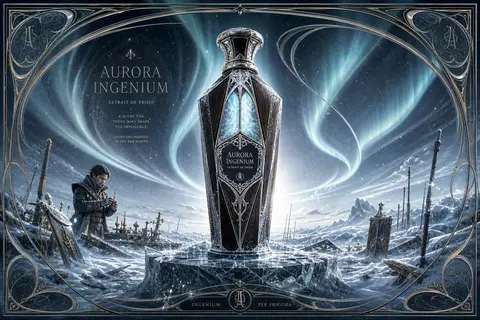 An art nouveau fragrance poster set on a frozen tundra beneath rippling aurora, - AI生成图片 2