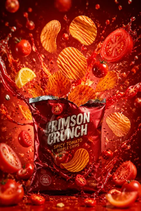 一张高冲击力的商业食品广告摄影图：`Crimson Crunch` 香辣番茄波纹薯片包装袋置于画面下方中央，鲜艳炽红的袋身在镜头前形成强烈视觉锚点，袋口被利落撕 - AI生成图片 1