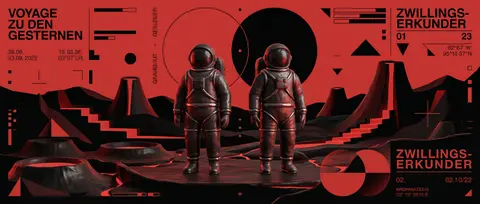 A dreamlike bauhaus geometric poster featuring twin astronaut explorers standing - AI生成图片 1