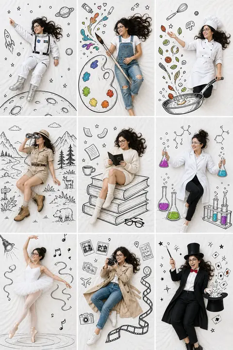 A professional 3×3 collage featuring the same beautiful young woman photographed - AI生成图片 1