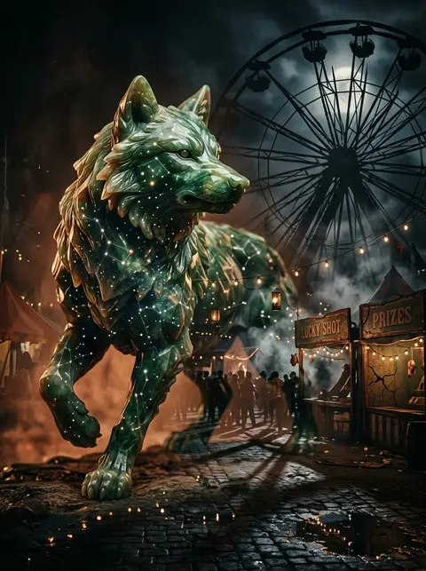 carved jade wolf formed from constellations, tense midnight carnival, double-exp - AI生成图片 3