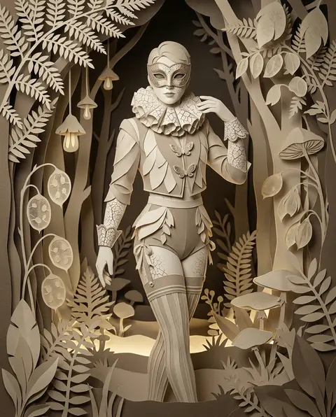 masked carnival acrobat poised in a bioluminescent night forest, intimate and qu - AI生成图片 1