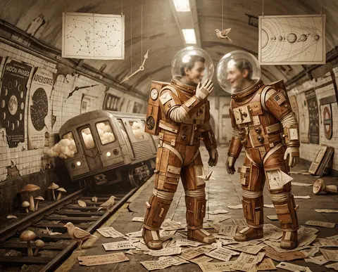 Two twin astronaut explorers with bubble helmets and mischievous body language s - AI生成图片 1