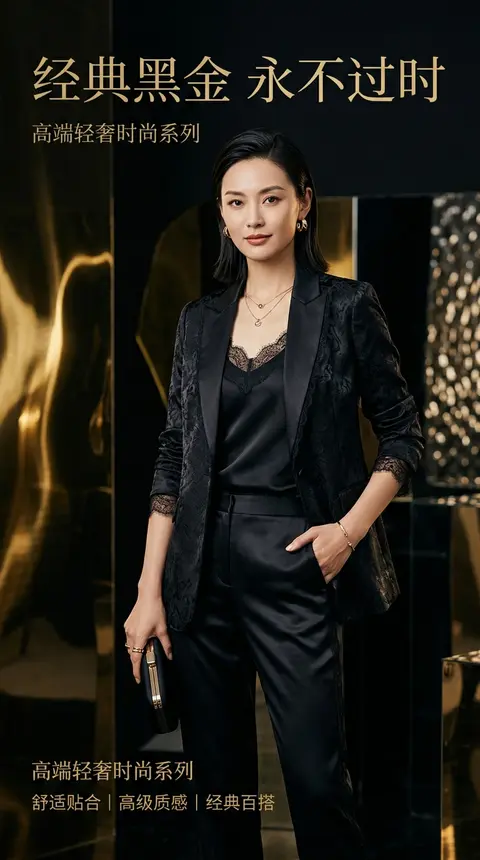 现代轻奢时尚广告大片，主角为虚构华裔时尚名模 `Lin Yuefen`，约 28 岁，冷艳自信，拥有高级时装编辑感气质，身着一套午夜黑缎面奢华套装，点缀细腻若隐 - AI生成图片 1