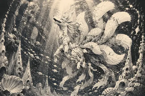 A jubilant nine-tailed fox spirit rising through a radiant underwater chasm, its - AI生成图片 1
