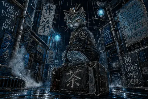 Сюрреалистичный lo-fi premium-постер: в центре напряжённой сцены чайный кот-хозя - AI生成图片 2
