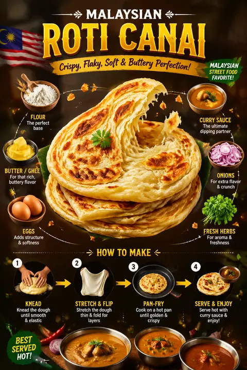 Ultra-viral recipe infographic.Showcase MALAYSIAN ROTI CANAI — golden, flaky, cr - AI生成图片 2