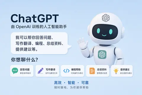 我是 ChatGPT，由 OpenAI 训练的人工智能助手。我可以帮你回答问题、写作翻译、编程、总结资料、提供建议等。你想聊什么？ - AI生成图片 2