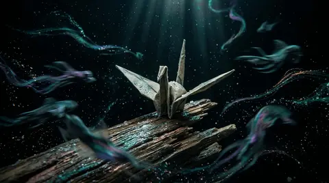 A haunted claymation tableau deep in a lightless ocean trench: a sentient origam - AI生成图片 2