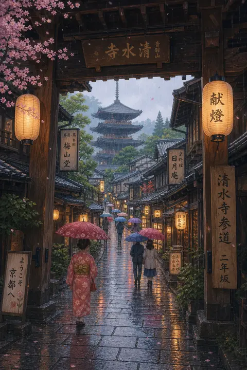 A serene rainy day in a traditional Japanese town, with a temple street leading - AI生成图片 1