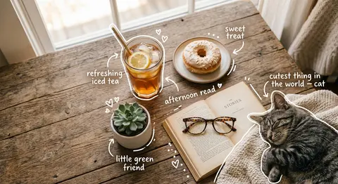 Top-down flat lay on a rustic wooden table, cozy aesthetic, soft natural light. - AI生成图片 2