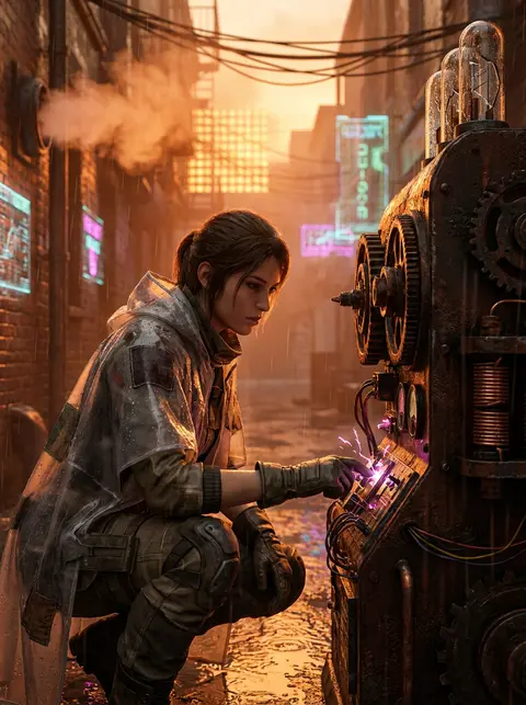 A teenage salvage-engineer in a patched translucent rain cape crouches beside a - AI生成图片 3