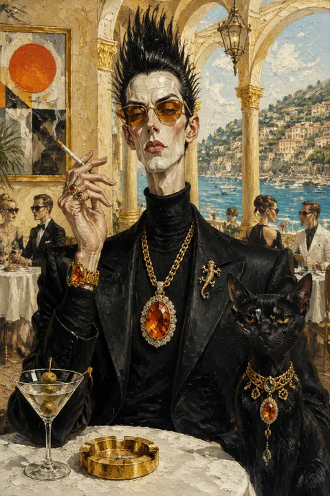 一幅带有强烈讽刺意味与时尚杂志气质的复古油画肖像：画面中央是虚构名流“阿德里安·维尔蒙特”——一位极其瘦长、神情冷峻的上流社会男性，脸部比例被夸张拉长，高耸如刺 - AI生成图片 2