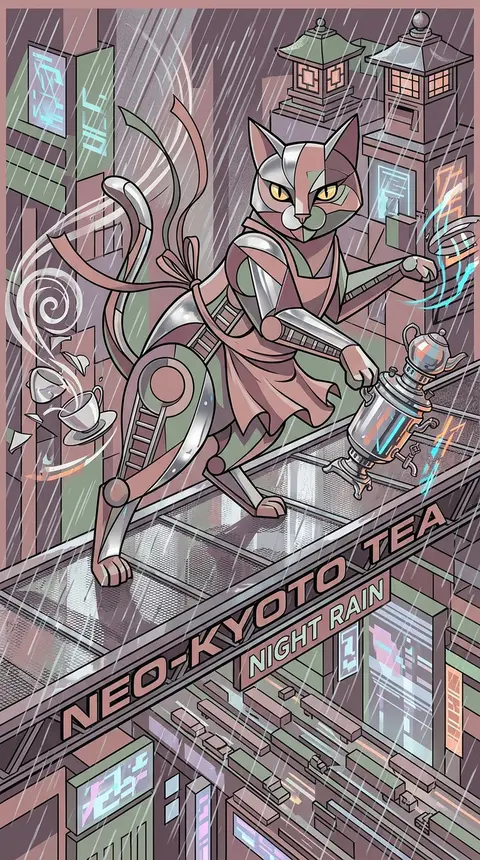 A frenzied tea-house cat vaults across a rain-slick skybridge in a colossal neon - AI生成图片 2