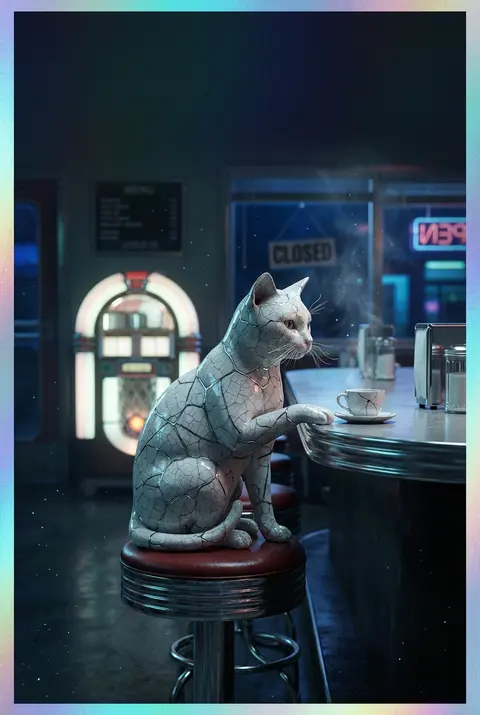 Vertical 9:16 poster, a tea-house cat perched alone on a chrome swivel stool ins - AI生成图片 1