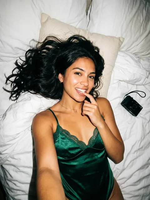 Photorealistic candid overhead snapshot of a joyful young woman reclining across - AI生成图片 3