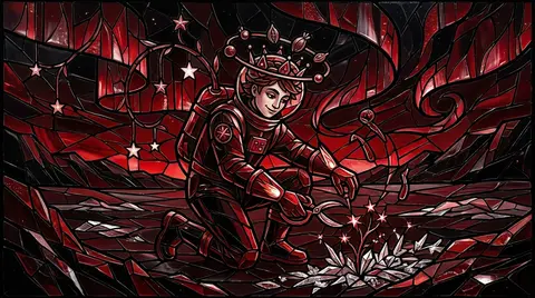 A mischievous celestial horticulturist in a jagged stained-glass mosaic, kneelin - AI生成图片 3