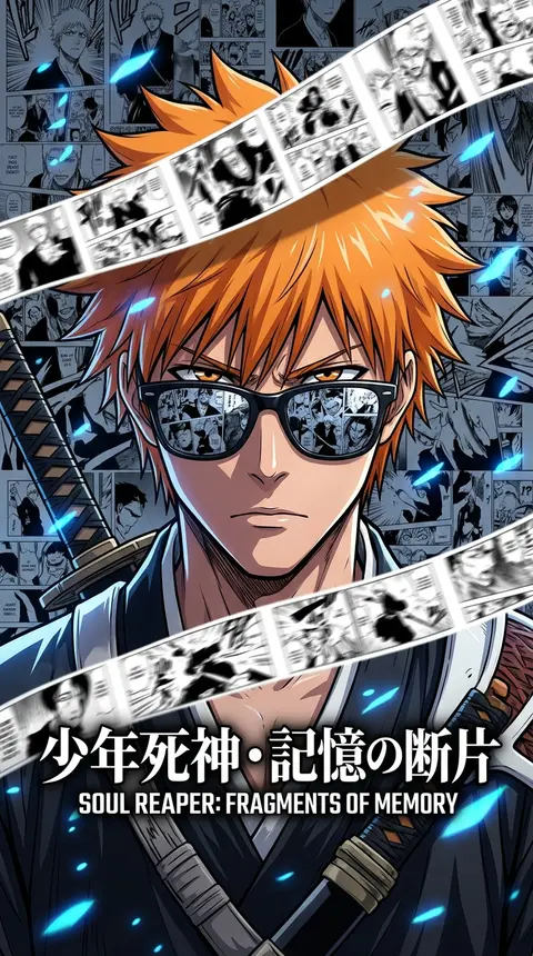 超高细节二次元热血漫画风角色海报，少年死神角色正面半身特写，橙色炸毛短发，琥珀色眼睛，佩戴黑色圆框复古墨镜，冷峻严肃表情，正中央对称构图，镜头直视观众，强烈压迫 - AI生成图片 1