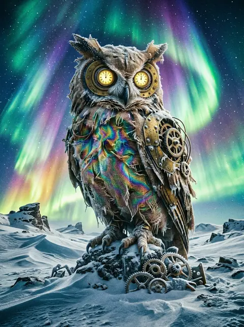 A colossal clockwork owl forged from rough burlap and tarnished brass rises on a - AI生成图片 2