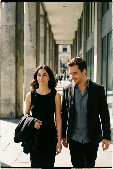 A cinematic candid medium shot portrait of a man and a woman walking side by sid - AI生成图片 3