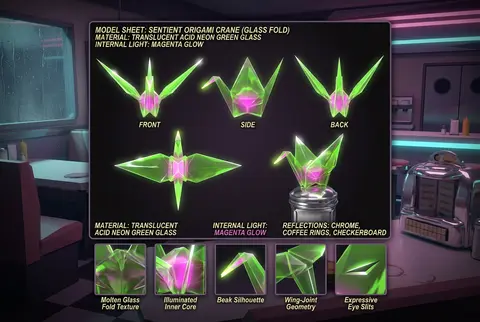 Character sheet for a sentient origami paper crane in a 1950s retro diner, desig - AI生成图片 3