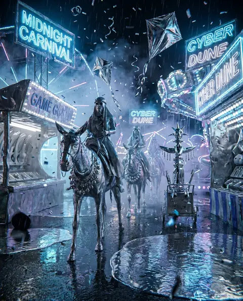 A wind-whipped caravan of veiled dune wanderers surges through a midnight carniv - AI生成图片 2