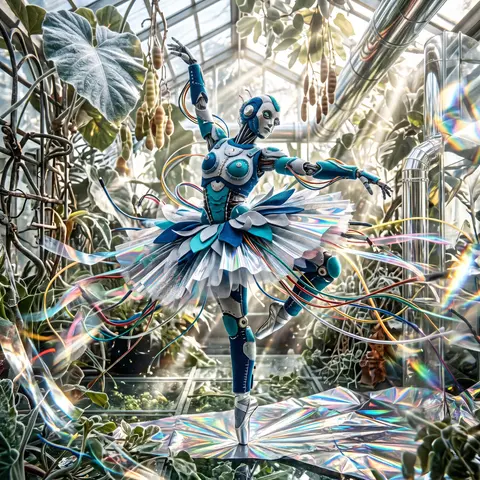 A hyper-dynamic robotic ballet dancer mid-whirl inside a blazing glasshouse, lim - AI生成图片 3