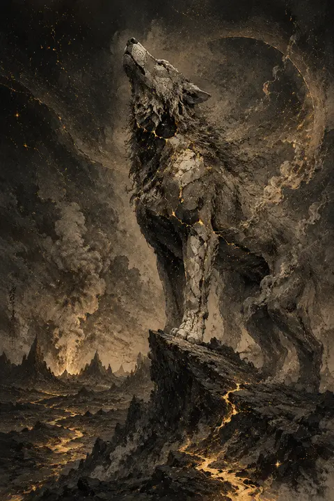 a colossal celestial wolf forged from fractured porcelain, its body mapped by gl - AI生成图片 4