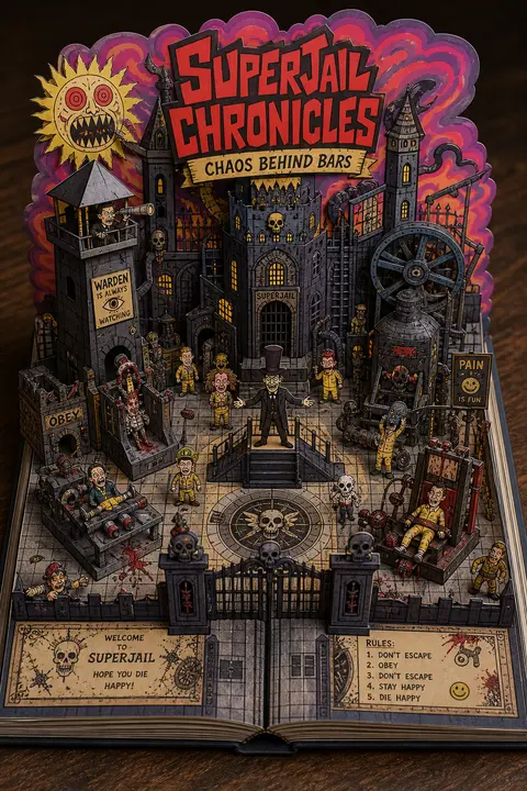 Create a Superjail!-themed 3D pop-up papercraft storybook diorama on wooden tabl - AI生成图片 2