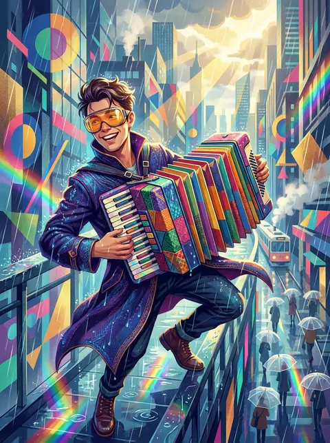 竖版构图的包豪斯几何海报：一位戴着透明琥珀色护目镜的年轻流浪街头音乐家，背着由彩色织绸拼接而成的手风琴，站在霓虹雨幕笼罩的未来巨城高架步道上，边走边演奏，身体姿 - AI生成图片 2