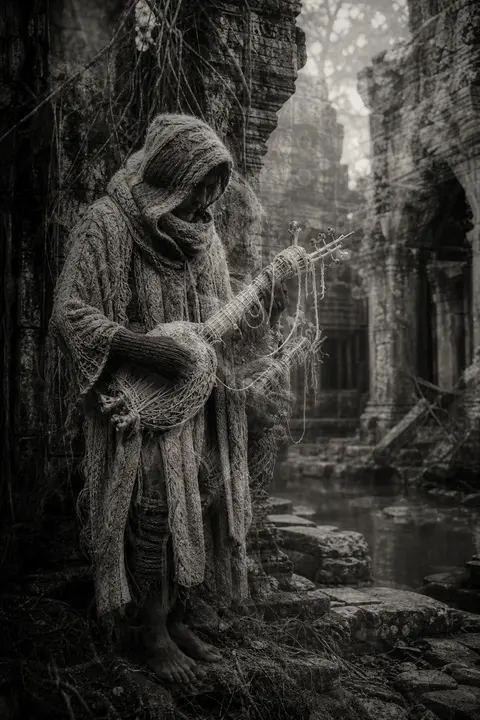 A dreamlike double-exposure photograph of a wandering street musician draped in - AI生成图片 1