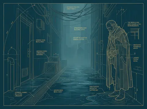 blueprint schematic of an elderly fisherman pausing in a rain-soaked back alley, - AI生成图片 2
