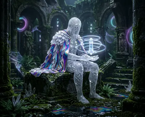 Молчаливый смотритель маяка, высеченный как будто из frosted crystal, сидит на о - AI生成图片 4
