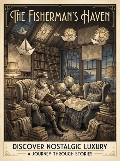 an elderly fisherman in a cozy cluttered attic library, dreamlike and serene, ar - AI生成图片 3