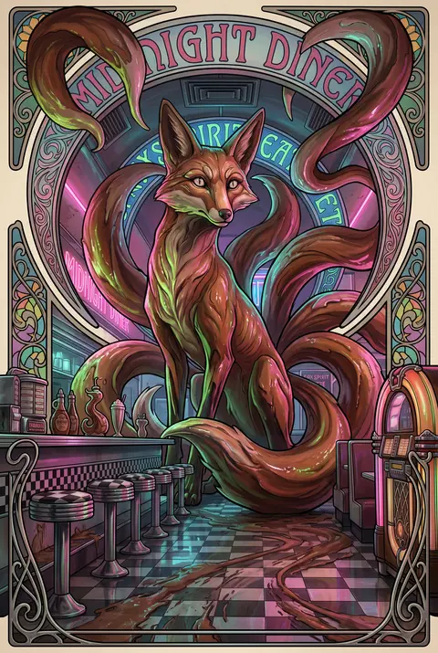 A colossal nine-tailed fox spirit rising behind the counter of a 1950s chrome di - AI生成图片 2