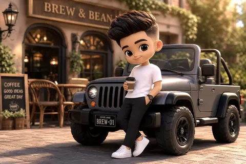 A cute 3D chibi-style character leaning against a parked mini chibi Jeep, wearin - AI生成图片 1