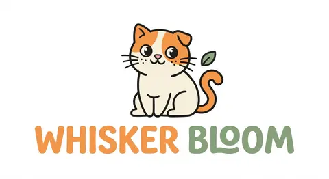 一个名为 Whisker Bloom 的品牌标识设计：主体是一只圆润、极具辨识度的卡通猫咪，使用简洁几何轮廓构成，神态灵动，带一点慵懒俏皮的松弛感。整体造型融入 - AI生成图片 4