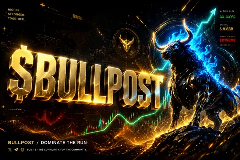 横長のプレミアムWeb3キービジュアル。中央やや左に巨大なタイポグラフィで「$BULLPOST」を配置し、金属的な光沢と立体感のあるレタリングで一瞬で読める構成 - AI生成图片 2