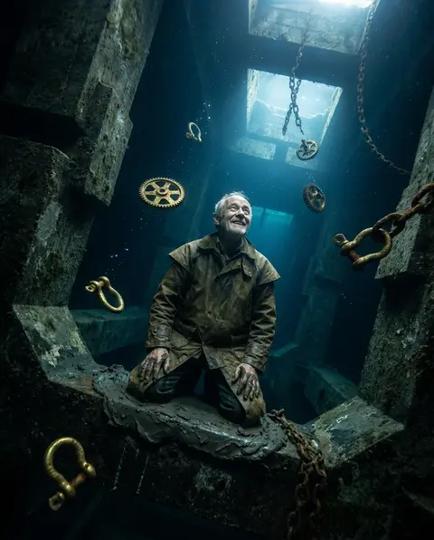 Brutalist concrete render of an elderly fisherman in a sunless underwater abyss, - AI生成图片 2
