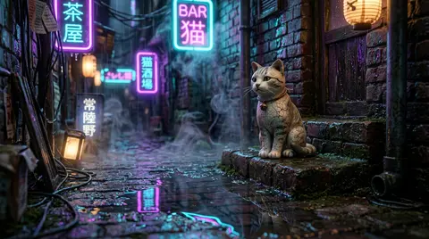 A serene tea-house cat with cracked porcelain fur sits on a rain-slick back alle - AI生成图片 1
