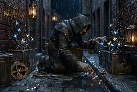 Claymation stop-motion scene of a celestial gardener in a rain-lashed back alley - AI生成图片 1