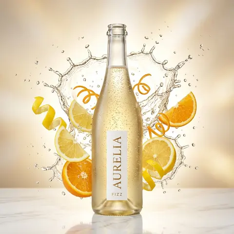 一张高端商业饮品广告产品摄影图：正中央一瓶磨砂半透明玻璃气泡饮料瓶，细长优雅瓶身，装有浅金色微起泡液体，瓶内可见大量细密气泡，白色极简长方形酒标，金色衬线字体， - AI生成图片 3