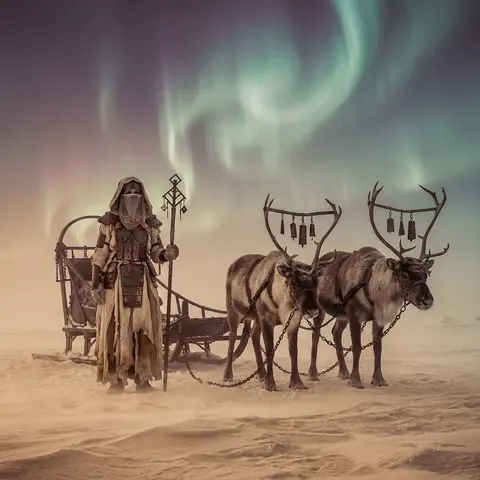 Full-body cinematic composition of a desert nomad caravan halted on a wind-scour - AI生成图片 2