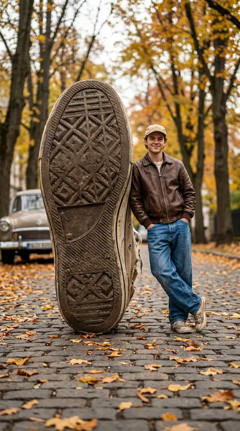A cinematic forced-perspective street photography scene where a giant worn-out s - AI生成图片 1