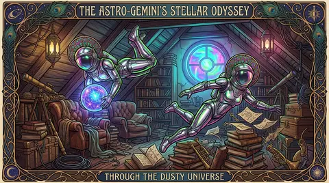 Two twin astronaut explorers with mirrored poses burst through a cozy, overstuff - AI生成图片 2