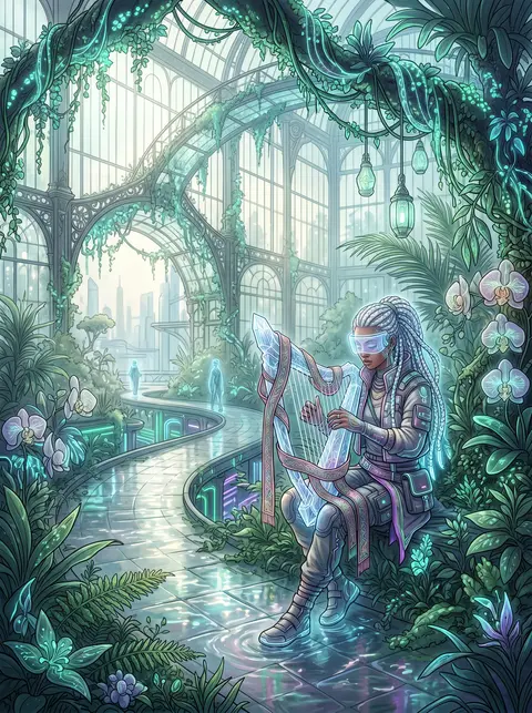 A solitary wandering street musician with silver-thread braids and a translucent - AI生成图片 3