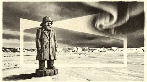 A lone lighthouse keeper carved from weathered driftwood stands on a frozen tund - AI生成图片 1