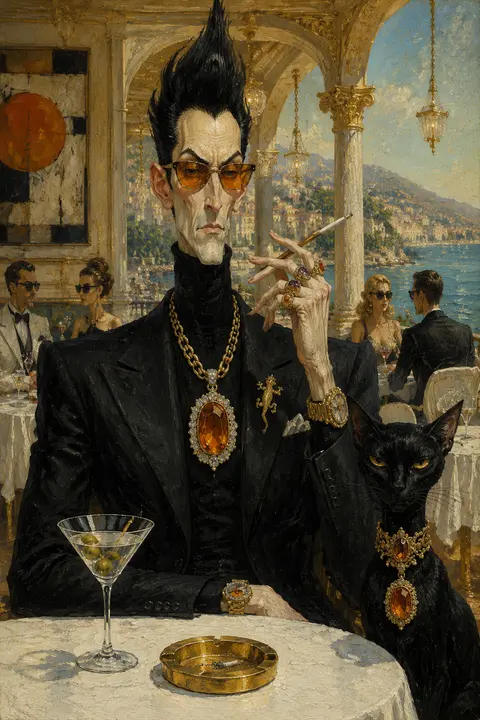 一幅带有强烈讽刺意味与时尚杂志气质的复古油画肖像：画面中央是虚构名流“阿德里安·维尔蒙特”——一位极其瘦长、神情冷峻的上流社会男性，脸部比例被夸张拉长，高耸如刺 - AI生成图片 3